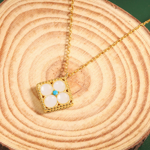 S925 Sterling Silver Necklace With Natural Hetian Jade Square Lucky Pendant Electroplated Exquisite Temperament Jewelry For Women Mothers