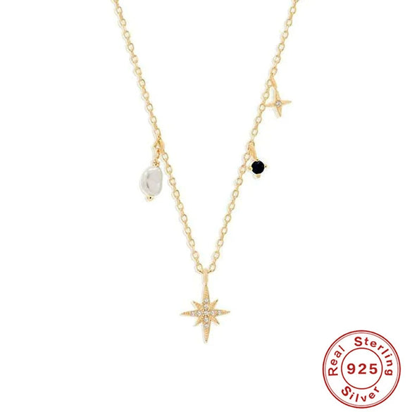S925 Sterling Silver Octagonal Star Diamond Shaped Pearl Clavicle Necklace With Geometric Styling And Zircon Treatment