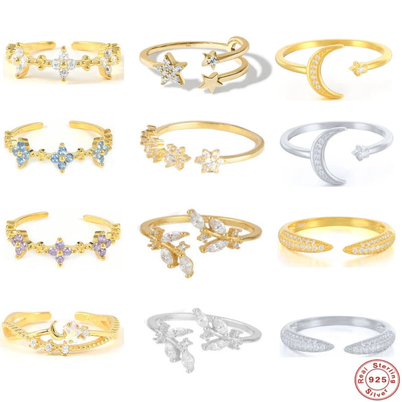 S925 Sterling Silver Open Adjustable Women's Ring With Star And Moon Geometric Pattern Electroplated