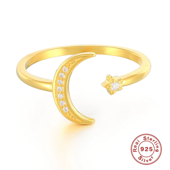 S925 Sterling Silver Open Adjustable Women's Ring With Star And Moon Geometric Pattern Electroplated