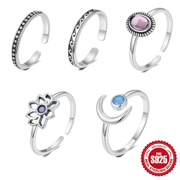 S925 Sterling Silver Open Ring With Moon Flower Diamond Opal Geometric Pattern Electroplating For Women