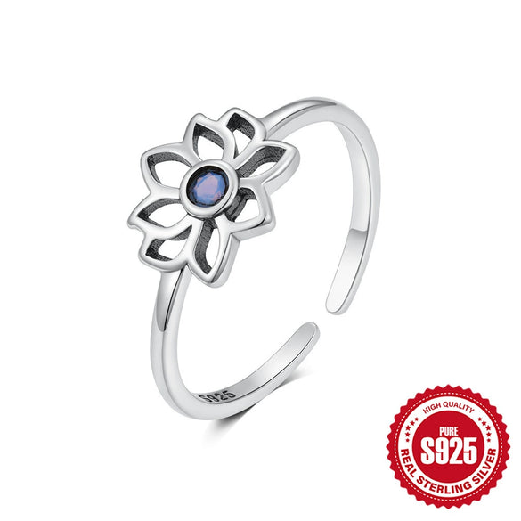 S925 Sterling Silver Open Ring With Moon Flower Diamond Opal Geometric Pattern Electroplating For Women