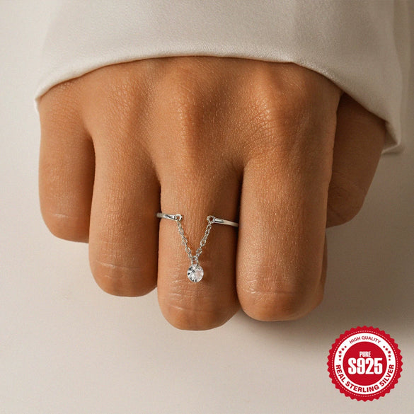 S925 Sterling Silver Opening Adjustable Finger Ring With Single Diamond Geometric Design Real Gold Plated Electroplated For Women