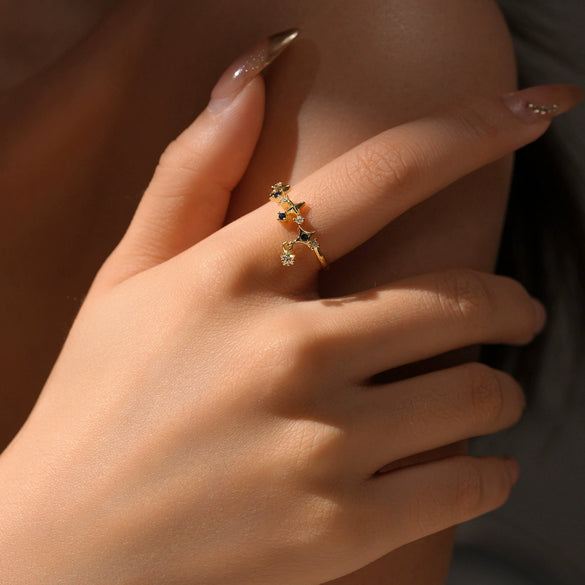 S925 Sterling Silver Opening Adjustable Ring With Zircon Pendant In Geometric Style And Platinum Or 18K Gold Electroplating
