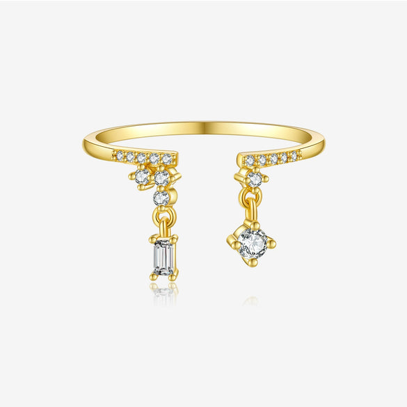 S925 Sterling Silver Opening Adjustable Ring With Zircon Pendant In Geometric Style And Platinum Or 18K Gold Electroplating
