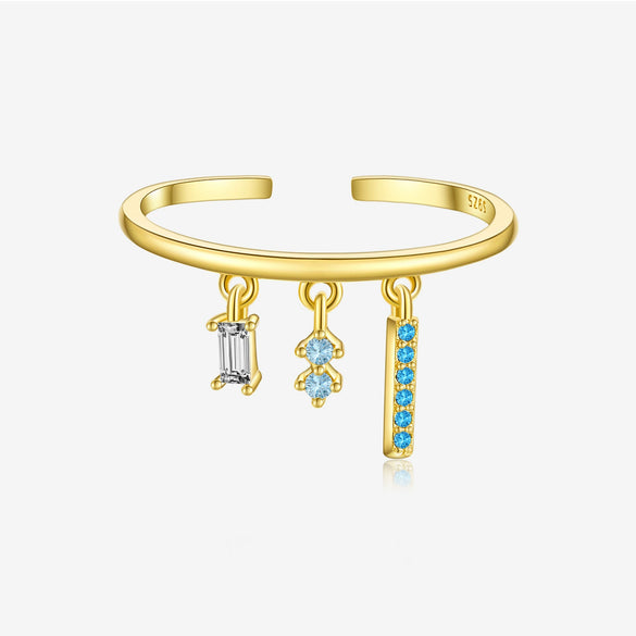 S925 Sterling Silver Opening Adjustable Ring With Zircon Pendant In Geometric Style And Platinum Or 18K Gold Electroplating