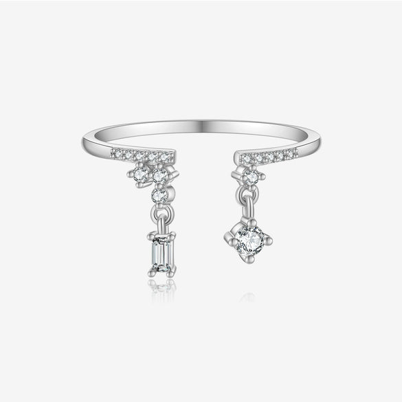 S925 Sterling Silver Opening Adjustable Ring With Zircon Pendant In Geometric Style And Platinum Or 18K Gold Electroplating
