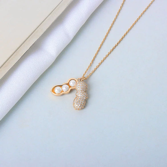 S925 Sterling Silver Peanut Pendant Clavicle Chain Necklace With Pearl And Full Diamond Inlay Electroplated Trendy Women Jewelry Gift