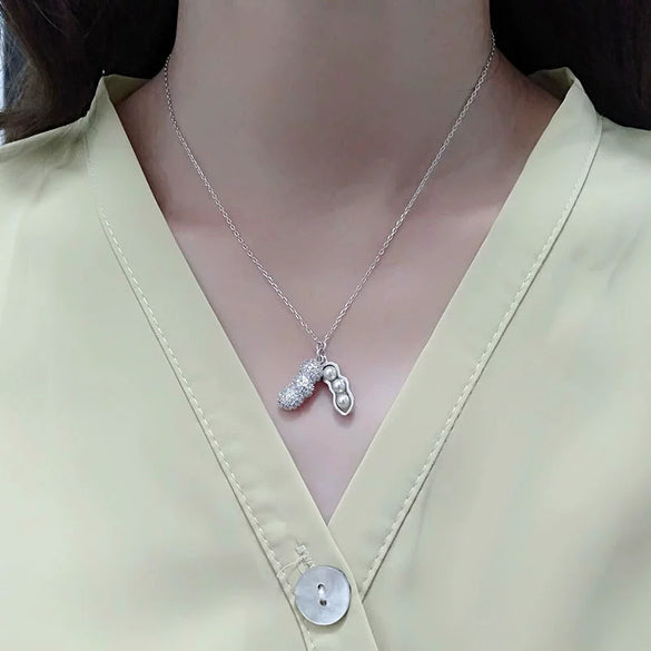 S925 Sterling Silver Peanut Pendant Clavicle Chain Necklace With Pearl And Full Diamond Inlay Electroplated Trendy Women Jewelry Gift
