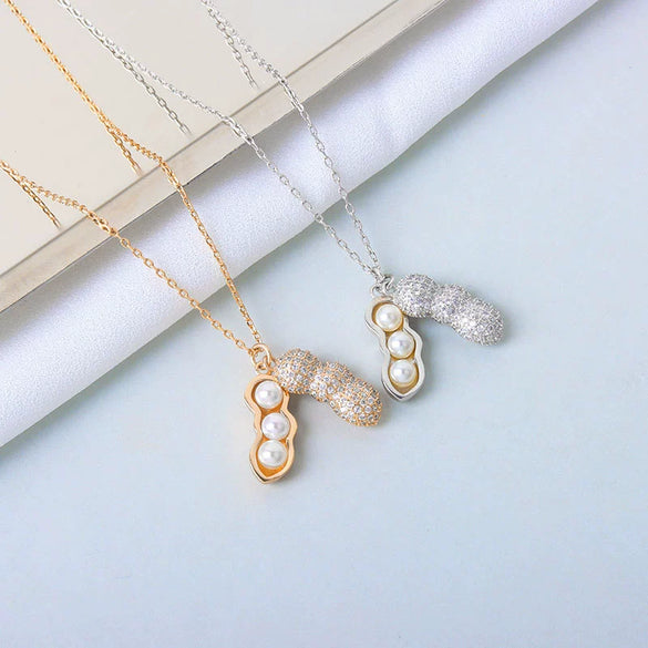 S925 Sterling Silver Peanut Pendant Clavicle Chain Necklace With Pearl And Full Diamond Inlay Electroplated Trendy Women Jewelry Gift