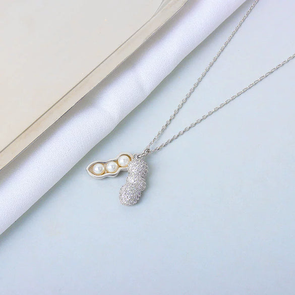 S925 Sterling Silver Peanut Pendant Clavicle Chain Necklace With Pearl And Full Diamond Inlay Electroplated Trendy Women Jewelry Gift