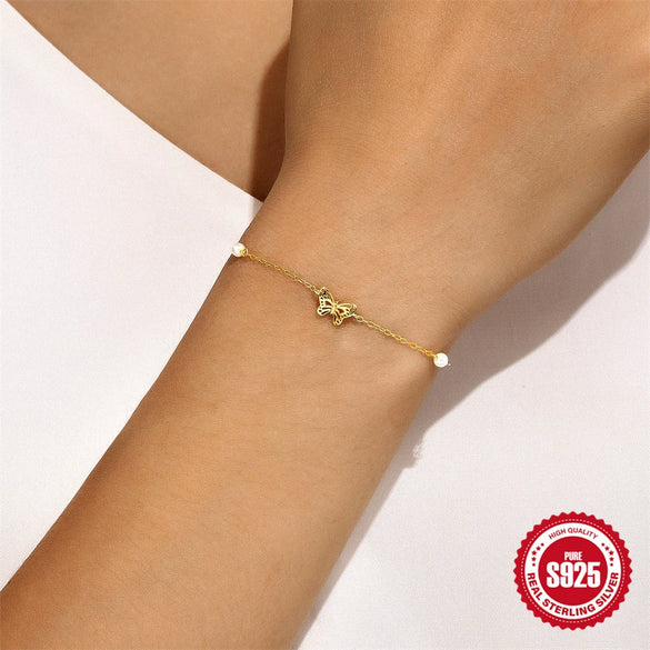 S925 Sterling Silver Pearl Beaded Geometric Butterfly Bracelet With Electroplating For Women