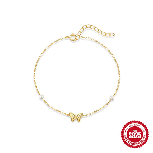 S925 Sterling Silver Pearl Beaded Geometric Butterfly Bracelet With Electroplating For Women