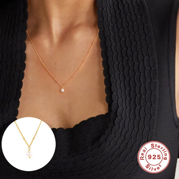 S925 Sterling Silver Pearl Ochain Collarbone Necklace With Small Gold Beads And Geometric Zircon Pendant Electroplated For Women