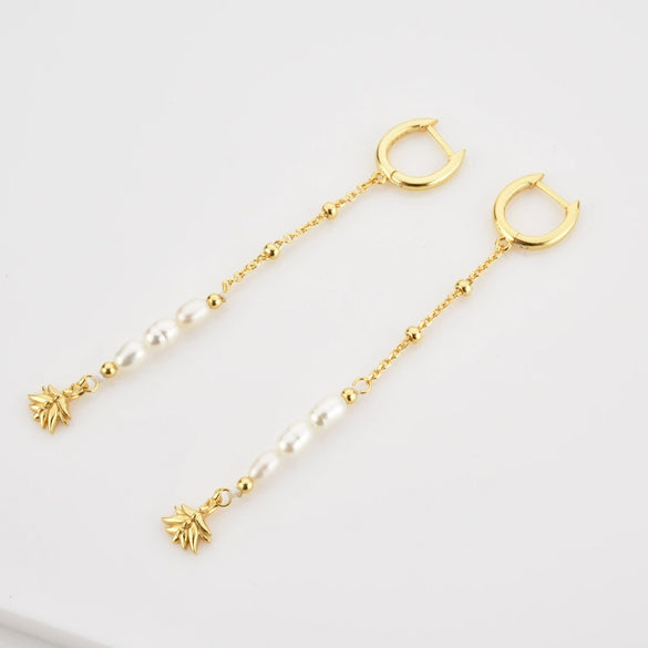 S925 Sterling Silver Pearl Tassel Ear Buckle Long Chain Earrings Geometric Style