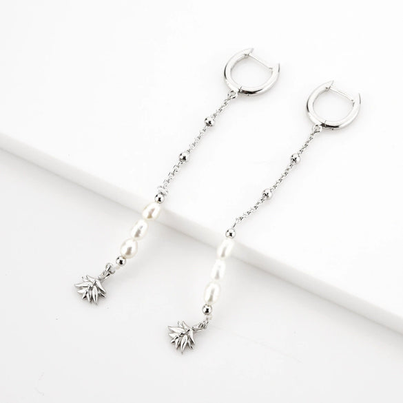 S925 Sterling Silver Pearl Tassel Ear Buckle Long Chain Earrings Geometric Style