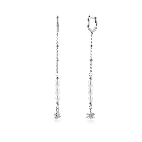 S925 Sterling Silver Pearl Tassel Ear Buckle Long Chain Earrings Geometric Style