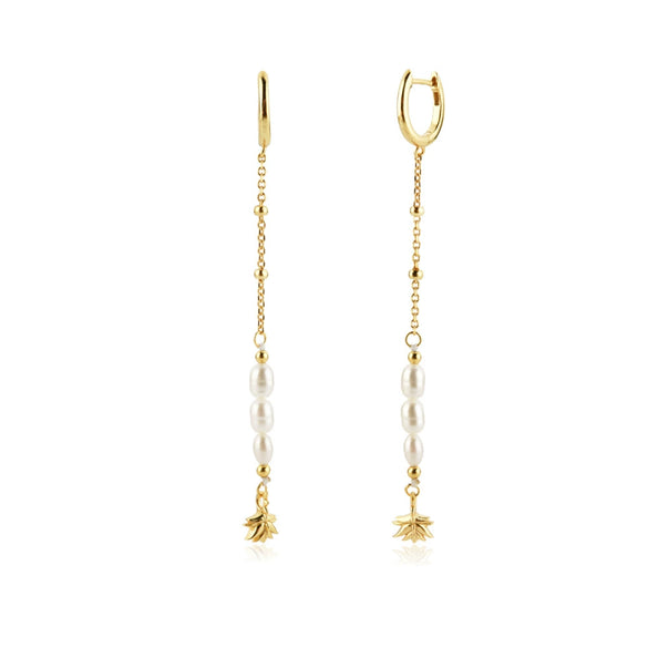 S925 Sterling Silver Pearl Tassel Ear Buckle Long Chain Earrings Geometric Style