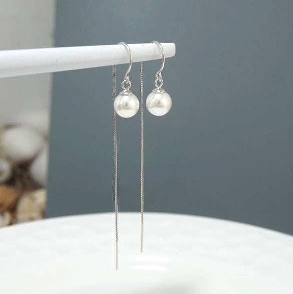 S925 Sterling Silver Pearl Tassel Earrings Long Geometric Threader Ear Line Dangle Earrings For Women