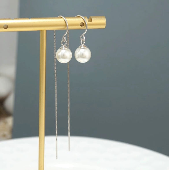 S925 Sterling Silver Pearl Tassel Earrings Long Geometric Threader Ear Line Dangle Earrings For Women