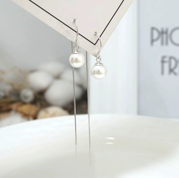 S925 Sterling Silver Pearl Tassel Earrings Long Geometric Threader Ear Line Dangle Earrings For Women
