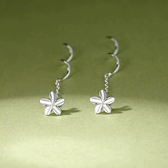 S925 Sterling Silver Petal Wave Flower Tassel Earrings Lovely Plain Floral Ear Line Jewelry For Women