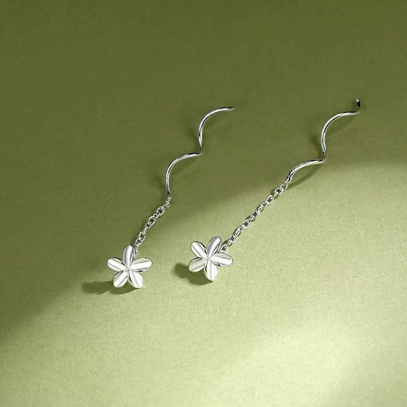S925 Sterling Silver Petal Wave Flower Tassel Earrings Lovely Plain Floral Ear Line Jewelry For Women
