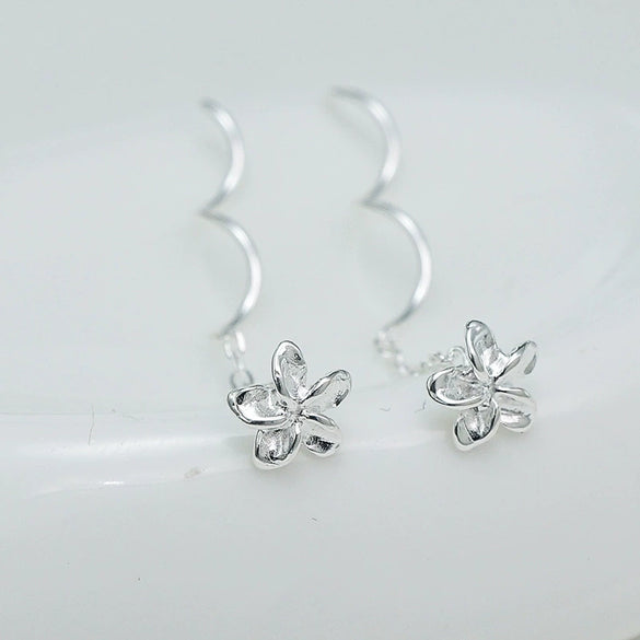 S925 Sterling Silver Petal Wave Flower Tassel Earrings Lovely Plain Floral Ear Line Jewelry For Women
