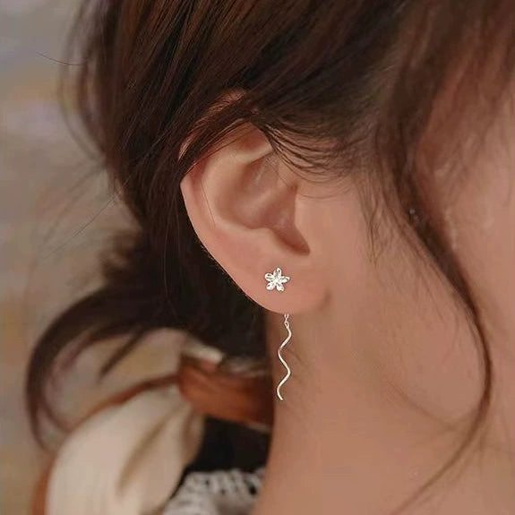 S925 Sterling Silver Petal Wave Flower Tassel Earrings Lovely Plain Floral Ear Line Jewelry For Women