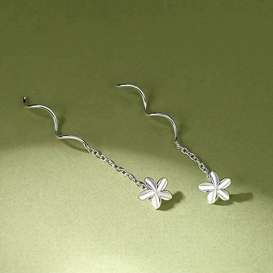 S925 Sterling Silver Petal Wave Flower Tassel Earrings Lovely Plain Floral Ear Line Jewelry For Women