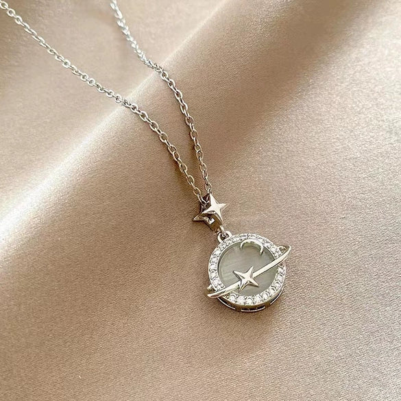 S925 Sterling Silver Planet Chalcedony Pendant Necklace For Women Geometric Star Design Handmade Cross Chain Elegant Light Luxury Jewelry