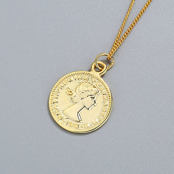 S925 Sterling Silver Portrait Coin Pendant Necklace Round Medallion Collarbone Chain With Electroplated Retro Minimalist Elegant Style