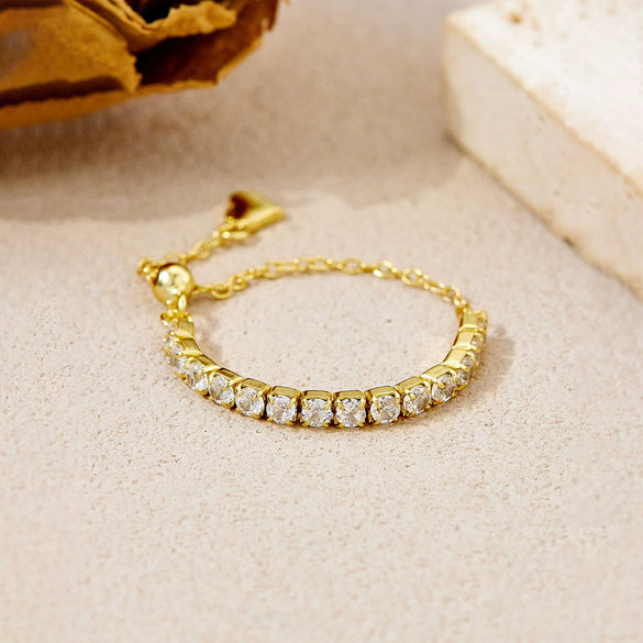 S925 Sterling Silver Pullable Chain Heart Ring With Geometric Pattern And Electroplating Process