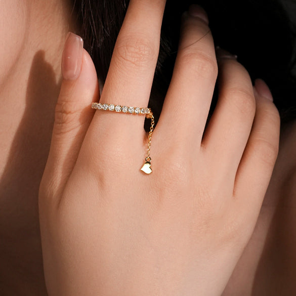 S925 Sterling Silver Pullable Chain Heart Ring With Geometric Pattern And Electroplating Process