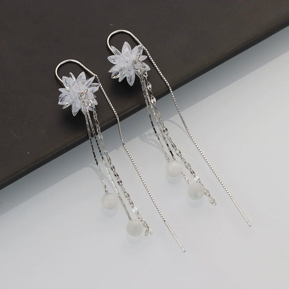 S925 Sterling Silver Purple Flower Tassel Drop Earrings Elegant Floral Fashion Earrings For Women