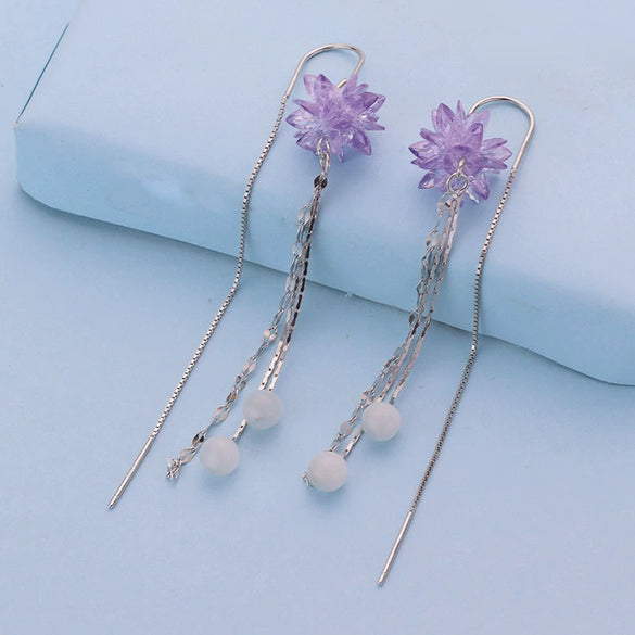 S925 Sterling Silver Purple Flower Tassel Drop Earrings Elegant Floral Fashion Earrings For Women