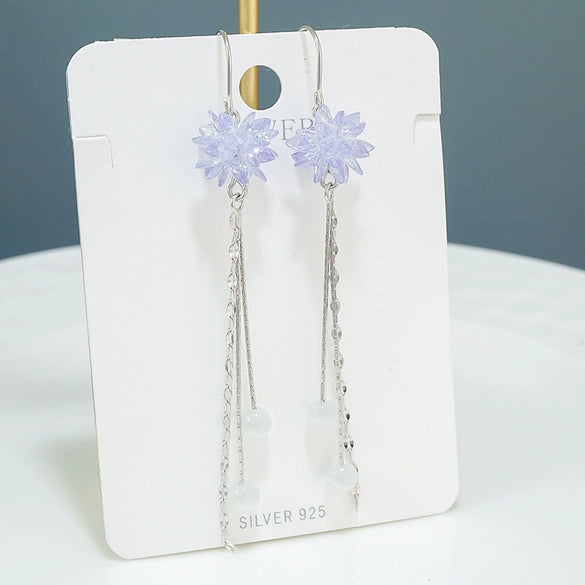 S925 Sterling Silver Purple Flower Tassel Drop Earrings Elegant Floral Fashion Earrings For Women