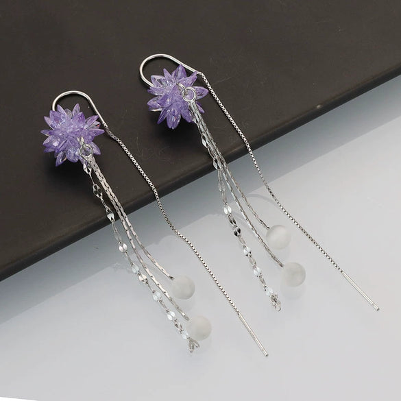 S925 Sterling Silver Purple Flower Tassel Drop Earrings Elegant Floral Fashion Earrings For Women