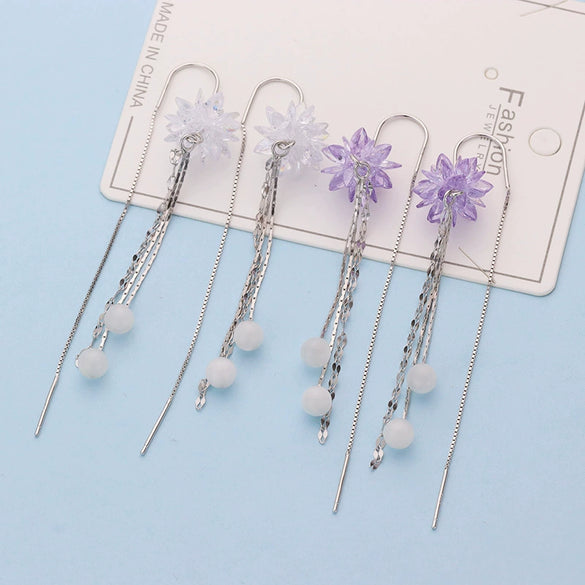 S925 Sterling Silver Purple Flower Tassel Drop Earrings Elegant Floral Fashion Earrings For Women