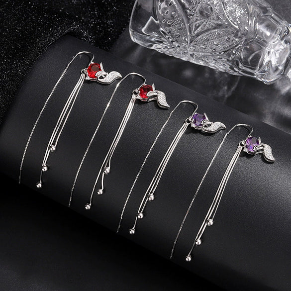 S925 Sterling Silver Red Fox Zircon Long Tassel Earrings Light Luxury Animal Style Elegant Earrings For Women