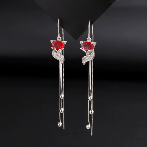 S925 Sterling Silver Red Fox Zircon Long Tassel Earrings Light Luxury Animal Style Elegant Earrings For Women