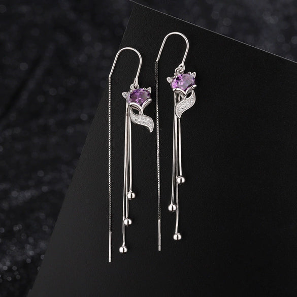 S925 Sterling Silver Red Fox Zircon Long Tassel Earrings Light Luxury Animal Style Elegant Earrings For Women