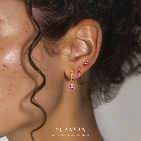 S925 Sterling Silver Red Zirconium Irregular Geometric Women's Earrings