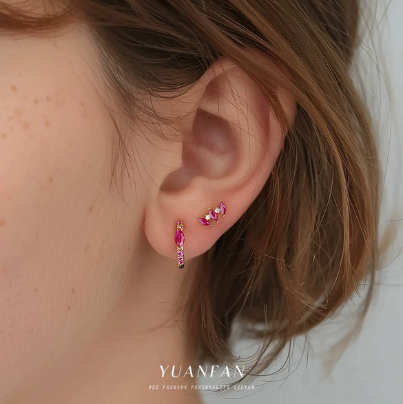 S925 Sterling Silver Red Zirconium Irregular Geometric Women's Earrings
