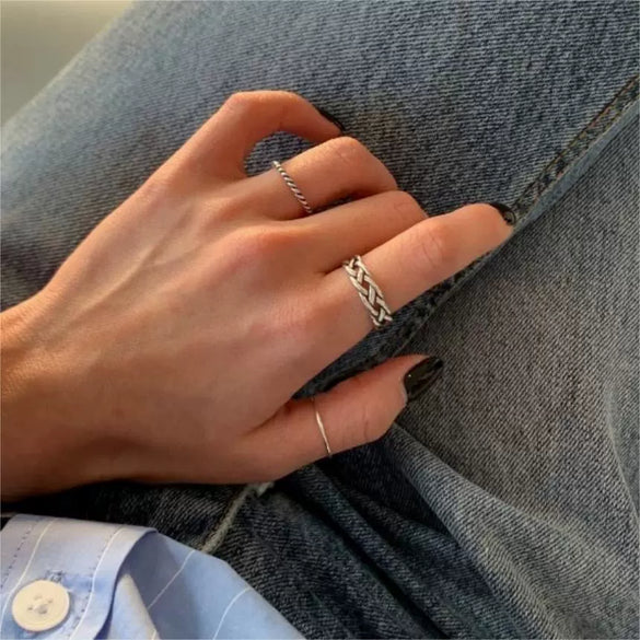 S925 Sterling Silver Retro Twisted Rope Braided Freshwater Pearl Open Ring With Polishing