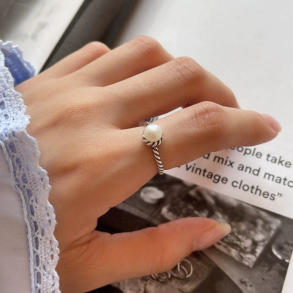 S925 Sterling Silver Retro Twisted Rope Braided Freshwater Pearl Open Ring With Polishing