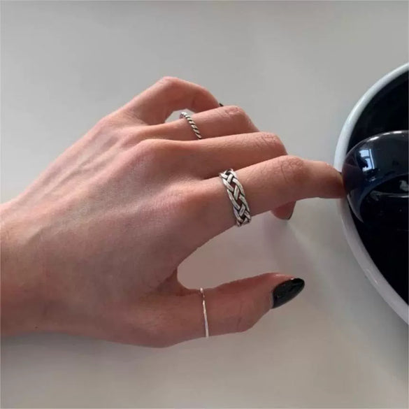 S925 Sterling Silver Retro Twisted Rope Braided Freshwater Pearl Open Ring With Polishing