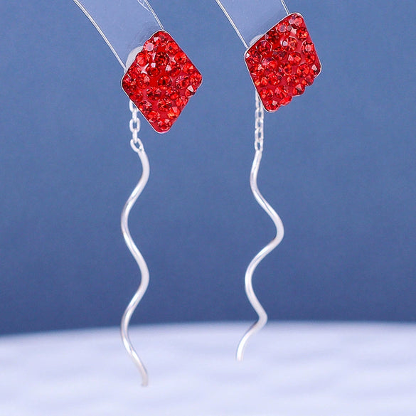 S925 Sterling Silver Rhombus Wave Tassel Earrings For Women Elegant Fashion Niche Design