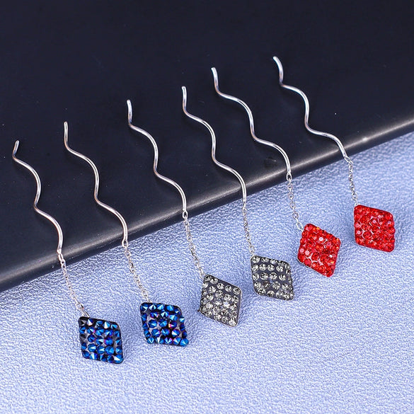 S925 Sterling Silver Rhombus Wave Tassel Earrings For Women Elegant Fashion Niche Design