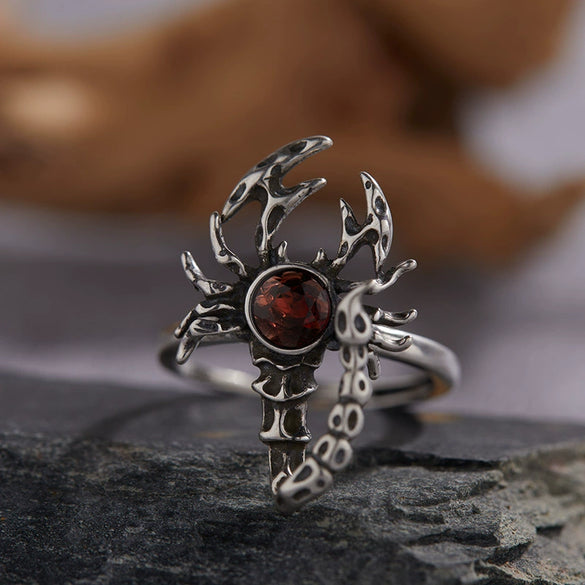 S925 Sterling Silver Ring With Natural Garnet Citrine Retro Personality Exaggerated Opal Scorpion Animals Zodiac Set With Precious Stones Antique Style